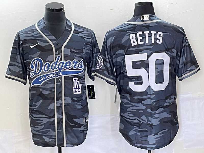 Mens Los Angeles Dodgers #50 Mookie Betts Gray Camo Cool Base With Patch Stitched Baseball Jersey